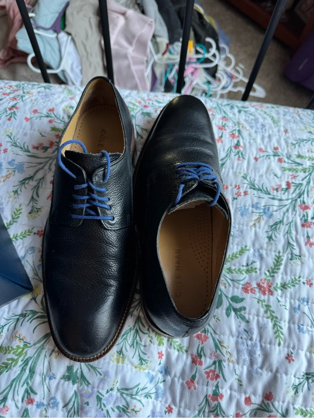 Cole Haan Men's Black Leather Derby Shoes with Blue Laces